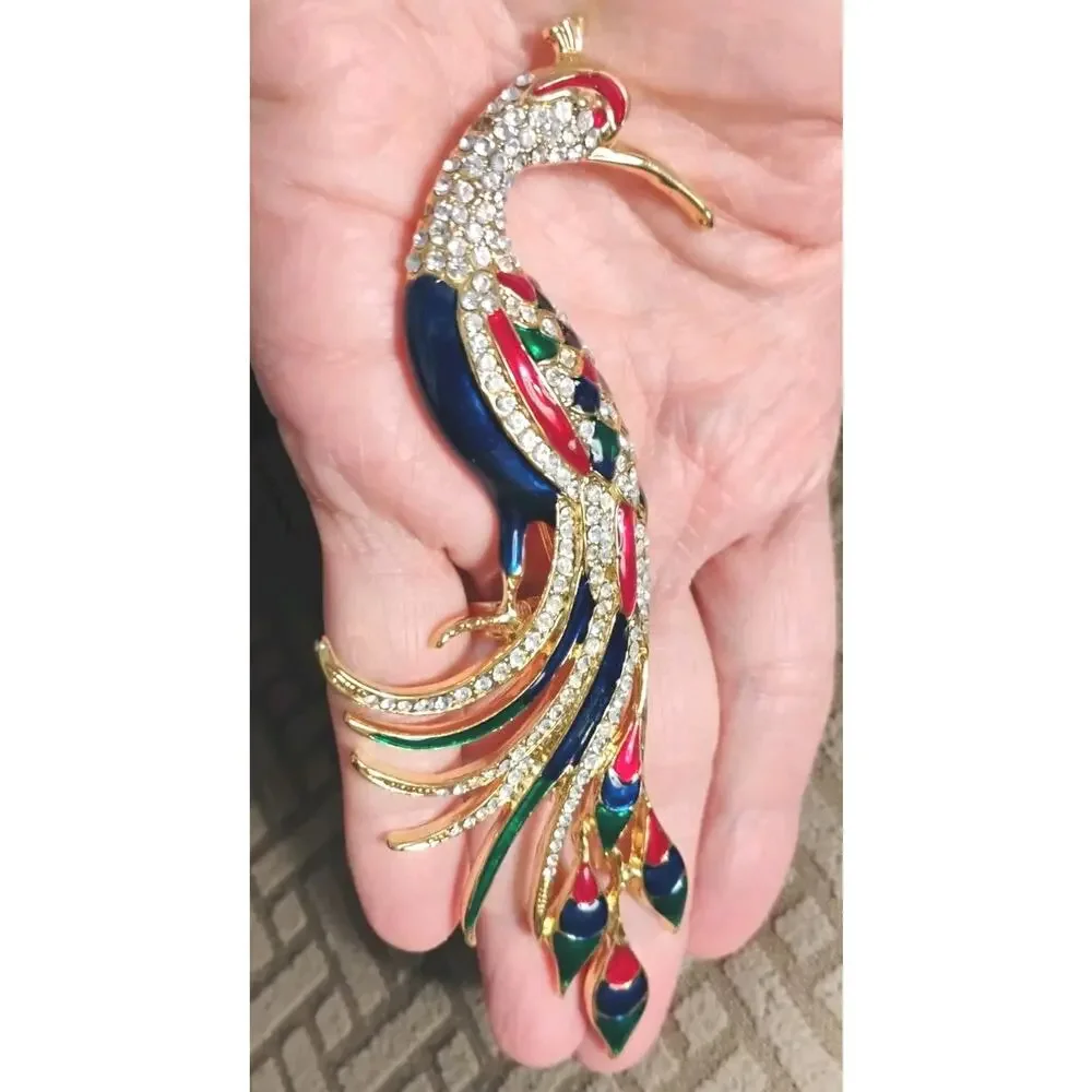 Large Peacock Brooch Pin Rhinestone Enamel Multicolor Statement Bird